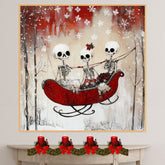 Whimsical Skeleton Sleigh Ride Christmas Art Print – Gothic Winter Wonderland Wall Decor with Skeleton Friends, Red Sleigh, Snowy Trees & Holiday Florals on Ready to Hang 1.5" Thick Canvas Wrap, Floating Framed Canvas, Flat Rolled Canvas